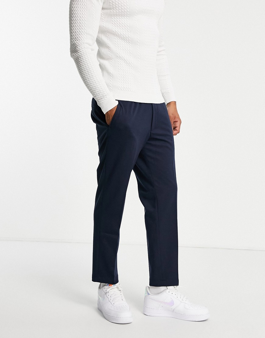 Harry Brown jersey pleated slim trousers with elasticated waist-Navy