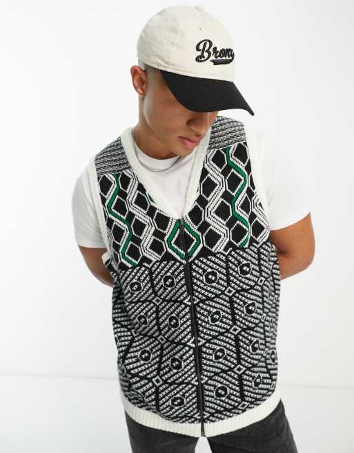 Harry Brown knit zip through sweater vest in black geo print | ASOS