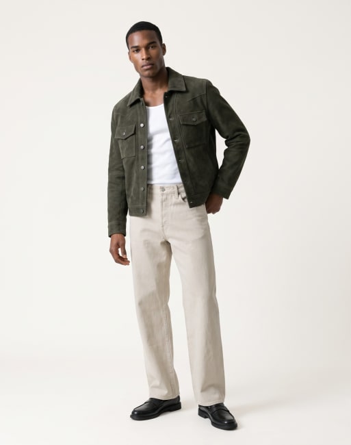 Harry Brown Leon real suede shacket in dark olive, 3 of 5