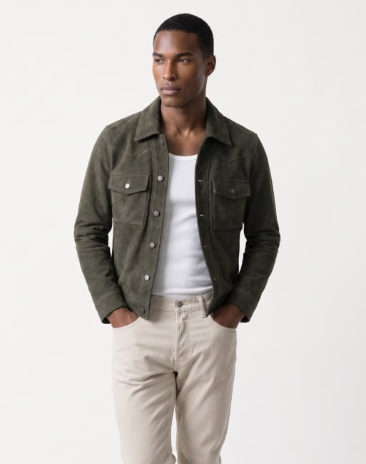 Harry Brown Leon suede shacket in dark olive, 4 of 5