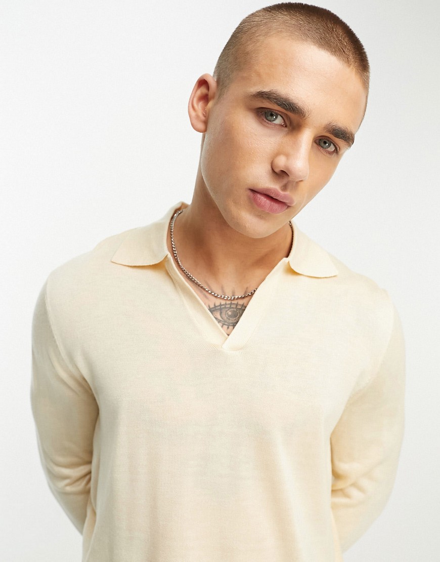Harry Brown long sleeve knitted polo in ecru-Neutral
