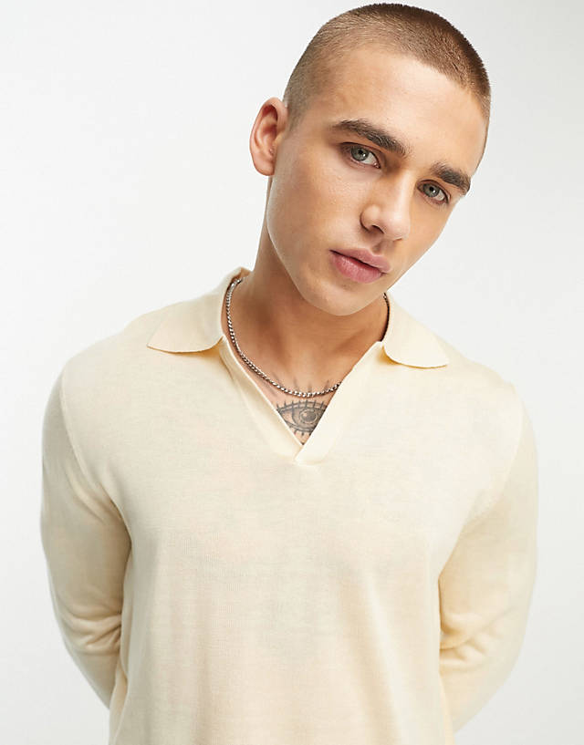 Harry Brown - long sleeve knitted polo in ecru