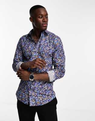 Harry Brown long sleeve micro floral shirt in blue