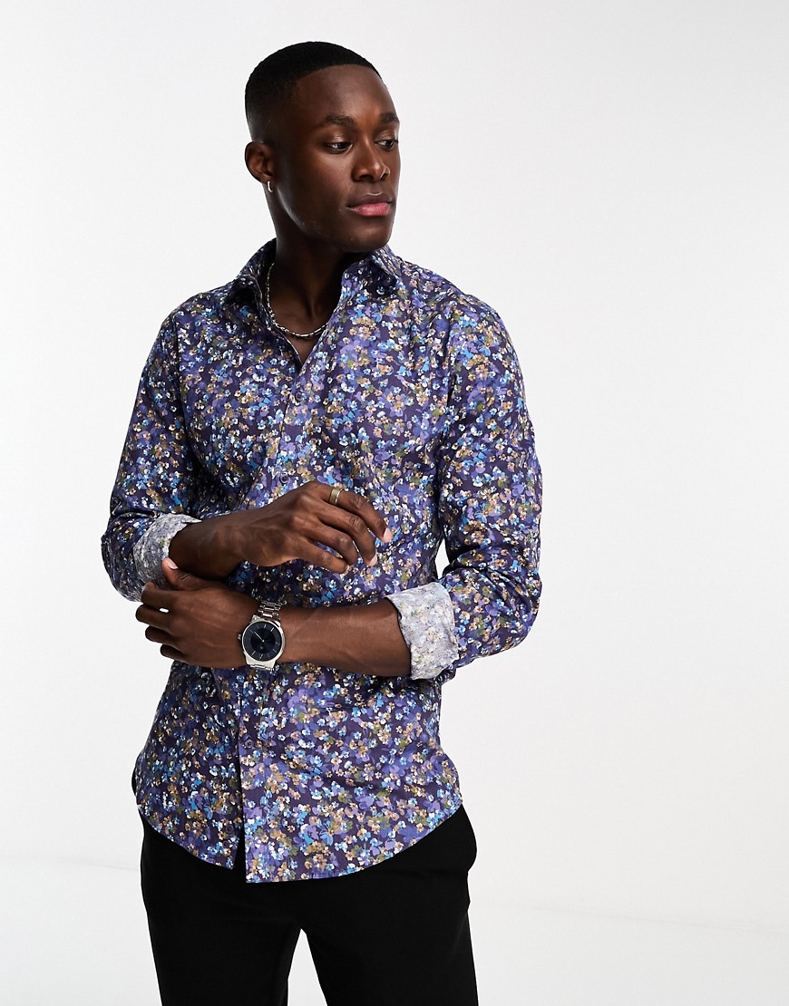 Harry Brown long sleeve micro floral shirt in blue