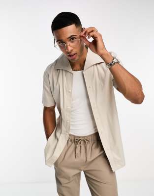 Harry Brown Harry Brown long sleeve revere collar shirt in ecru-Neutral