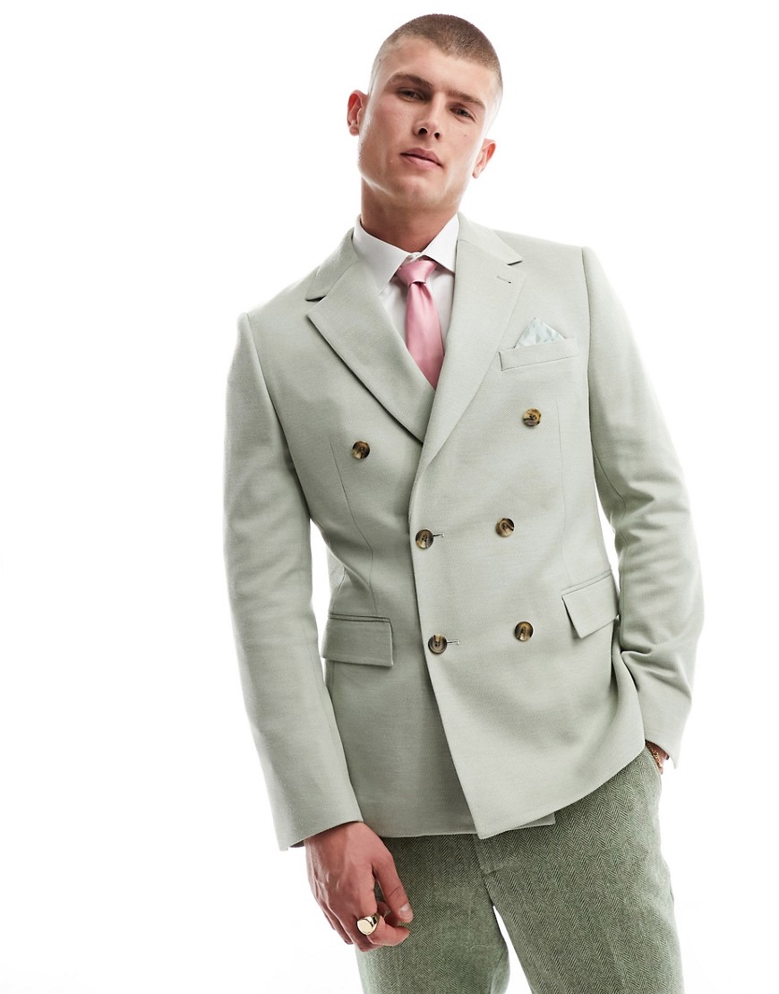Harry Brown loose fit double breasted bamboo suit jacket in sage-Green