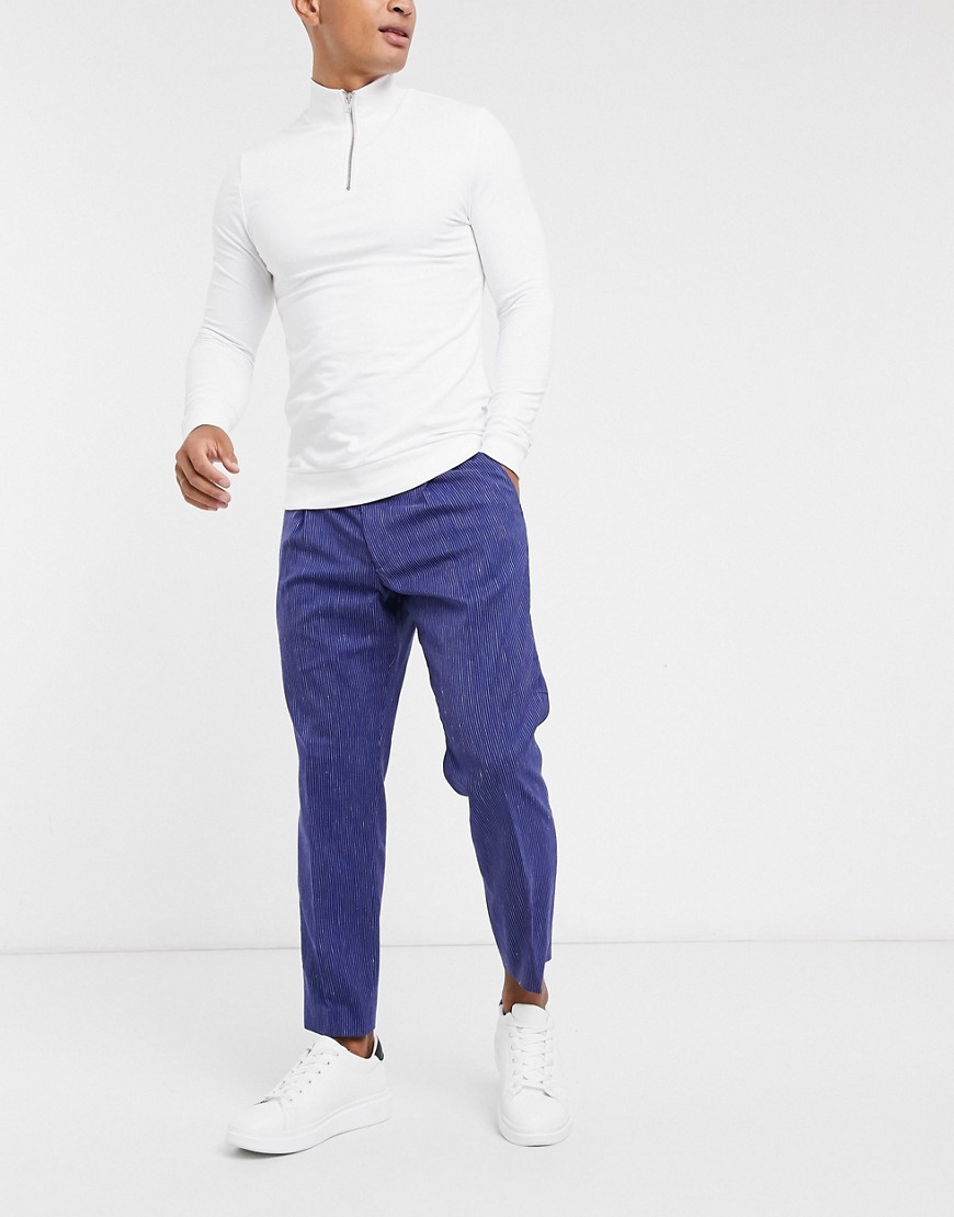 Harry Brown loose leg pleated crop stripe trouser-Blue