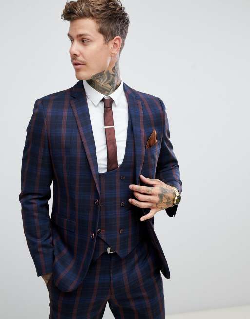 Harry Brown navy and burgundy check slim fit suit jacket | ASOS