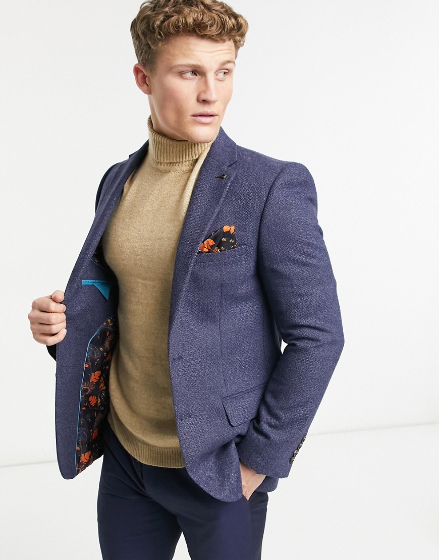 Harry Brown Navy Wool Textured Slim Fit Suit Jacket