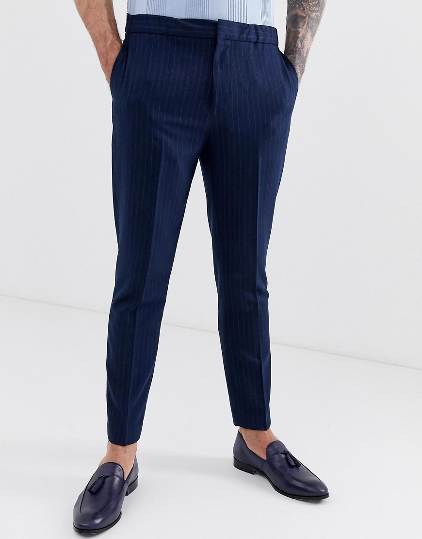 Harry Brown - Pantaloni cropped gessati slim con elastico in vita-Navy