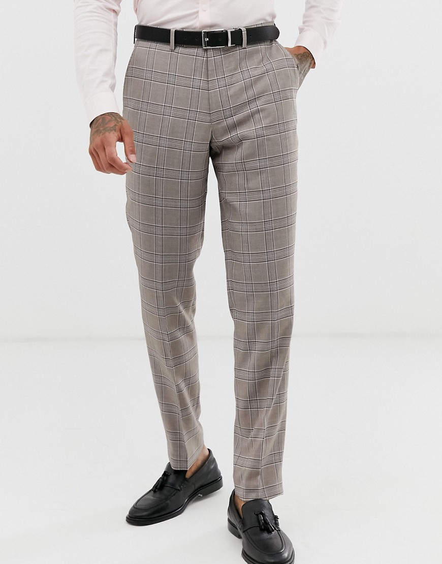 Harry Brown - Pantaloni da abito da cerimonia slim grigio pietra a quadri blu