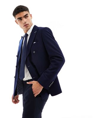 Harry Brown pinstripe slim fit double breasted suit jacket in navy - ASOS Price Checker