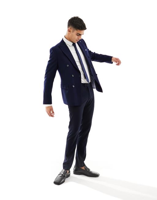 Harry Brown pinstripe slim fit double breasted suit jacket in navy