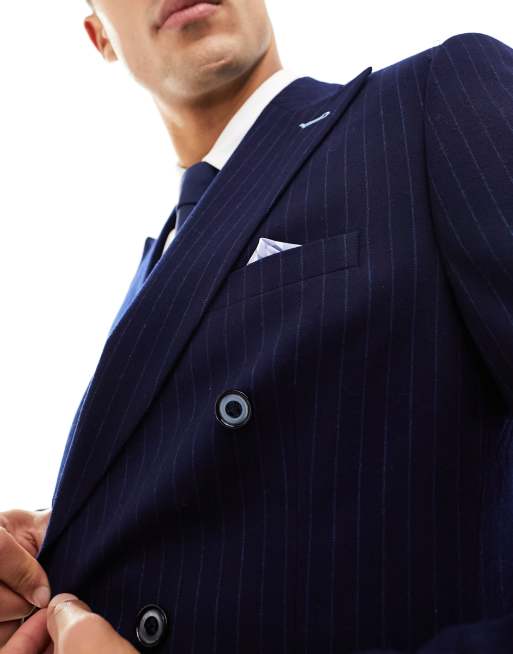 Harry Brown pinstripe slim fit double breasted suit jacket in navy