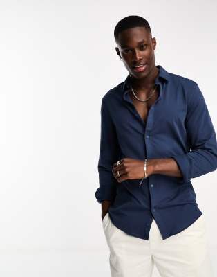 Harry Brown pique slim fit cotton shirt in navy