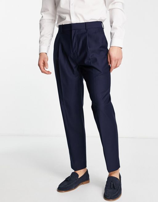 Harry Brown pleated smart trousers in navy | ASOS