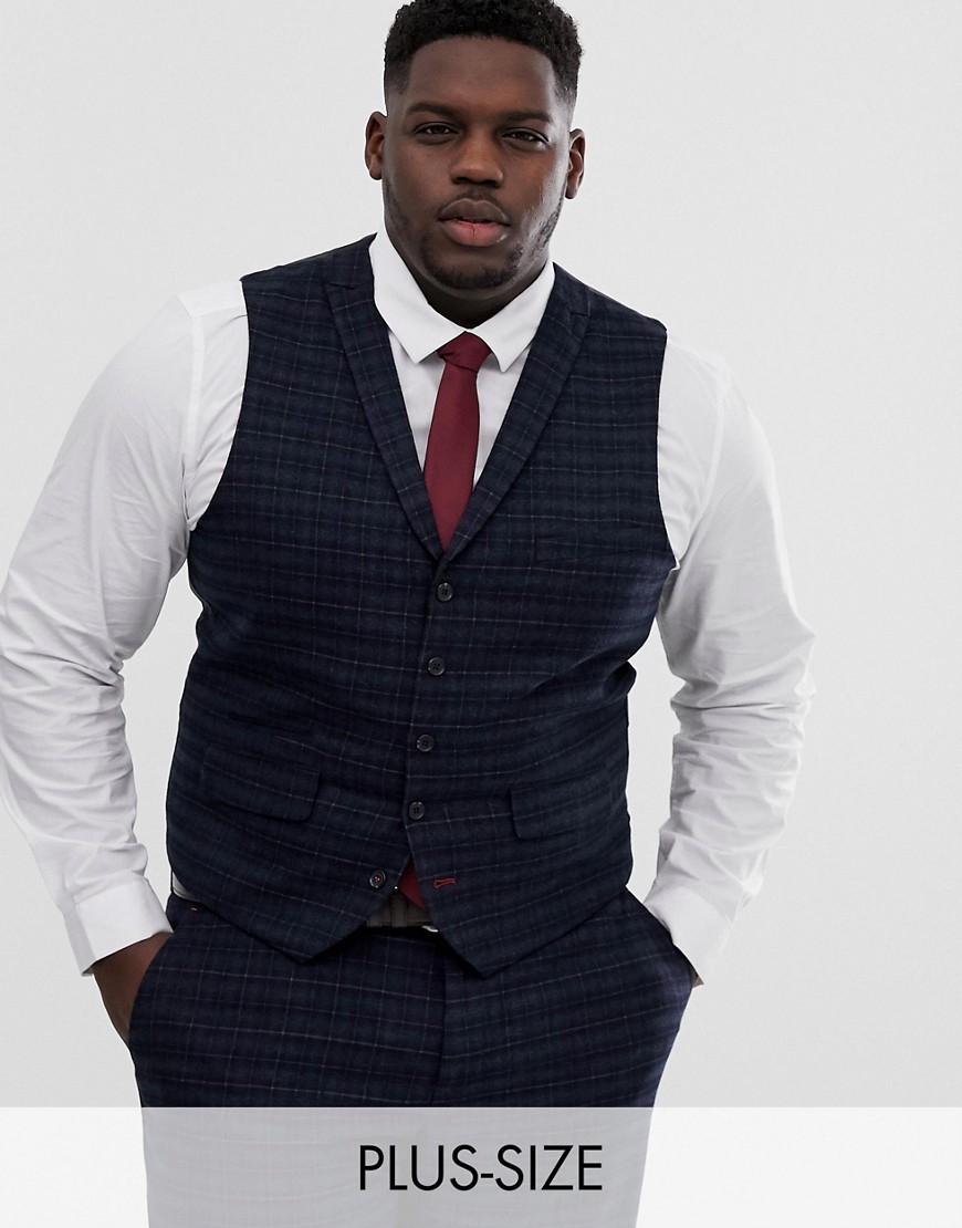 Harry Brown Plus navy and gold slim fit check suit waistcoat-Blue