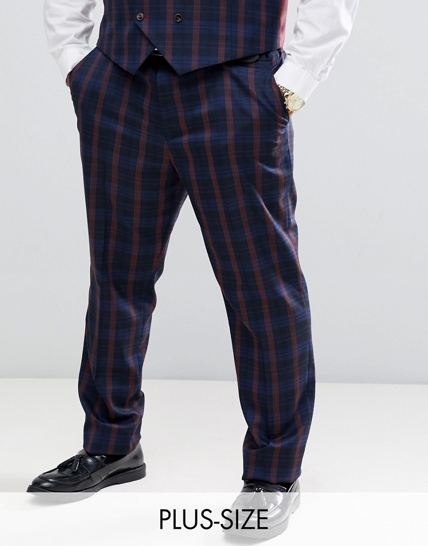 Harry Brown Plusstorlek marinblå och vinröda rutiga kostymbyxor med smal passform