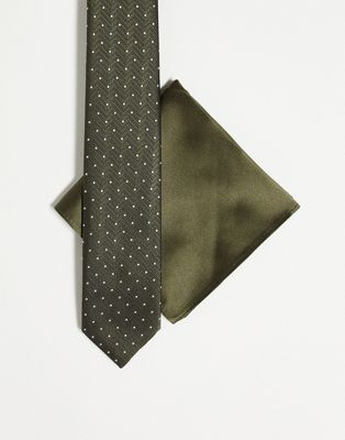 Harry Brown polka dot tie in green with plain green pocket square