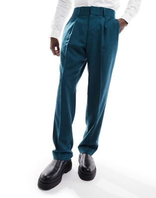 Harry Brown relaxed fit bamboo turn up suit trousers in teal - ASOS Price Checker