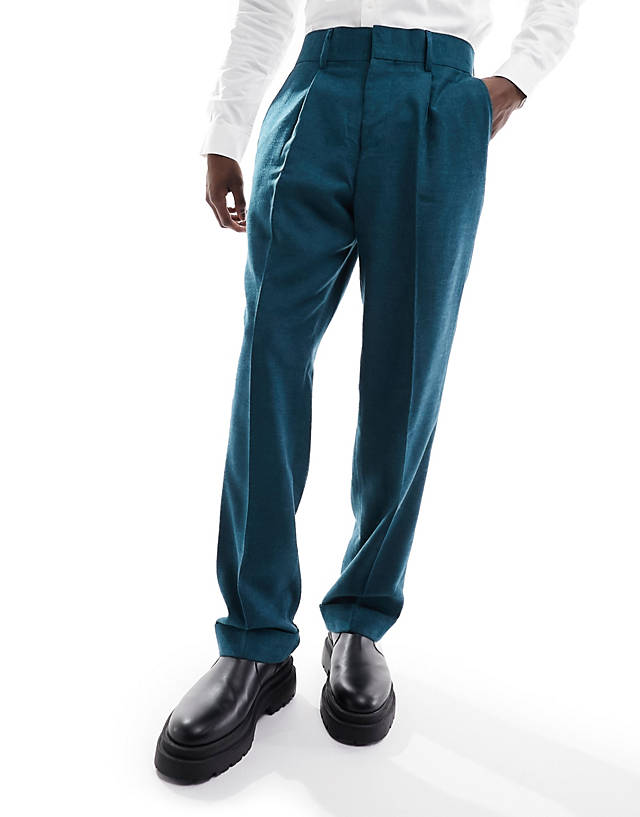 Harry Brown - relaxed fit bamboo turn up suit trousers in teal