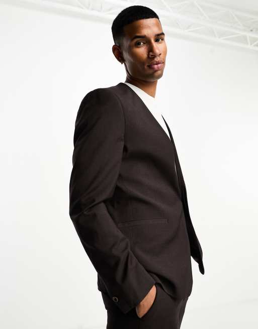 Harry Brown skinny fit collarless suit jacket in brown