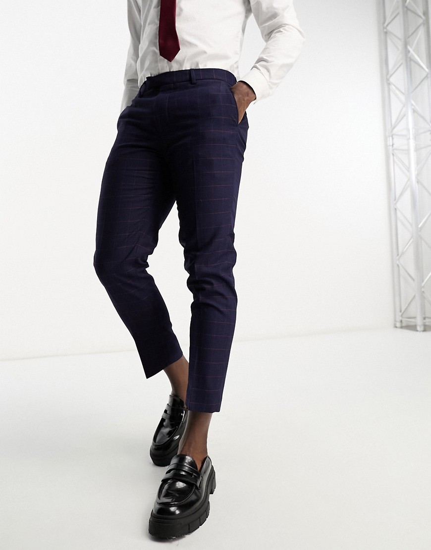 Harry Brown skinny fit cropped pants in navy & red check-Multi
