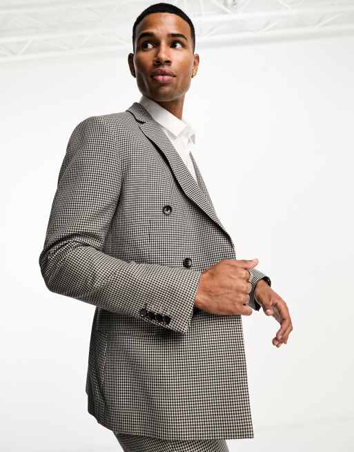 Harry Brown - Skinny-fit double breasted colbert met kleine pied-de-poule in bruin 