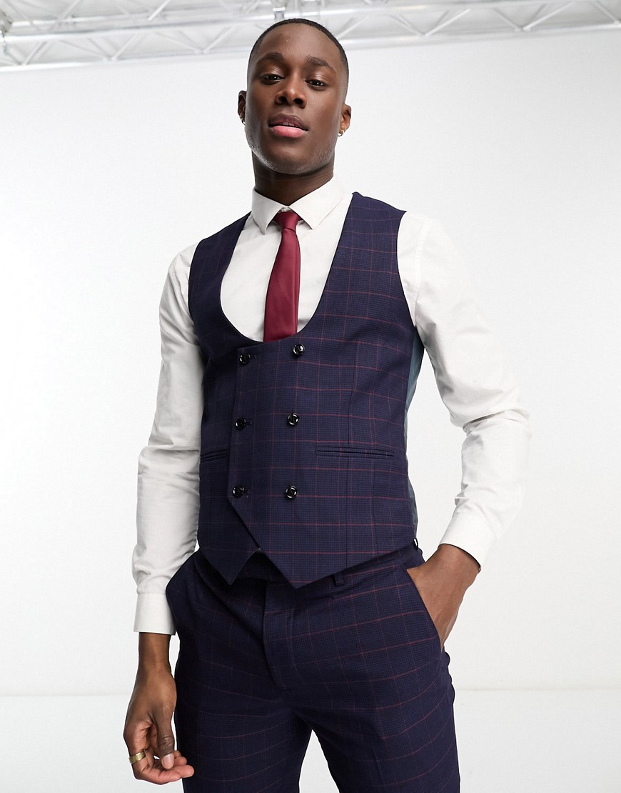 Harry Brown skinny fit double breasted vest in navy & red check-Multi
