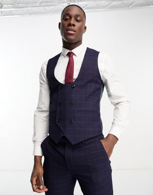 Harry Brown skinny fit double breasted waistcoat in navy & red check