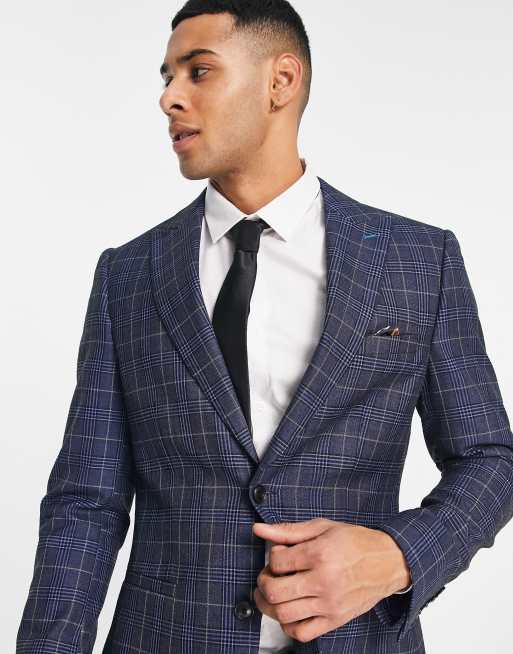 Harry Brown - Skinny fit geruit colbert in marineblauw