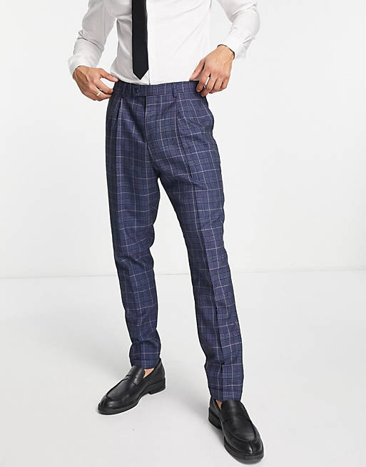 Harry Brown - Skinny fit pantalon met hoge taille en ruiten in marineblauw