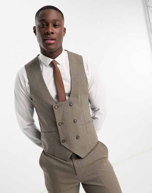 Harry Brown skinny fit scooped suit waistcoat in brown micro check