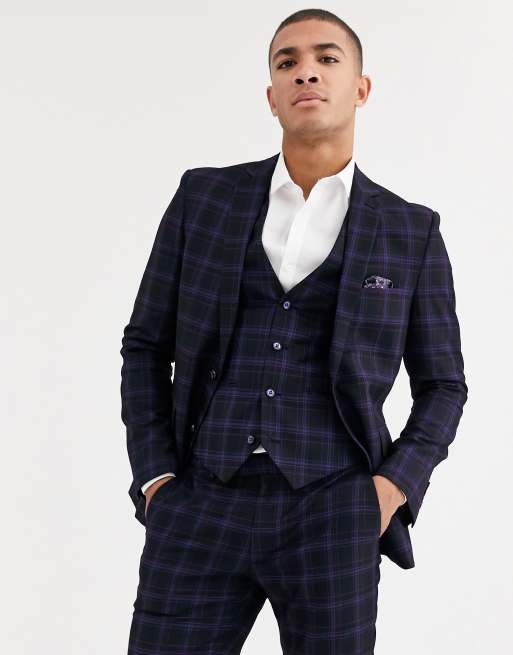 Harry Brown skinny fit stretch navy check suit jacket