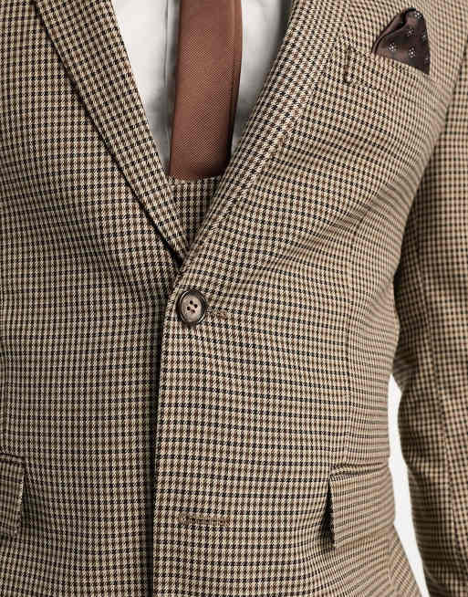 Harry Brown skinny fit suit jacket in brown micro plaid