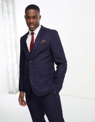 Harry Brown Skinny Fit Suit Jacket In Navy & Red Check-multi