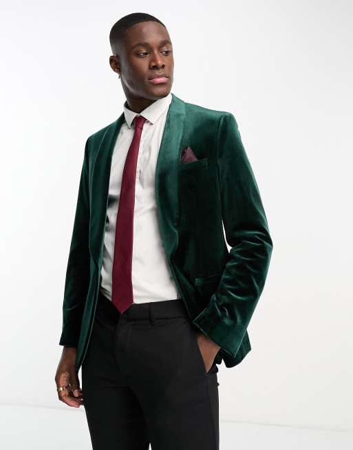 Harry Brown skinny velvet blazer with shawl lapel in green | ASOS