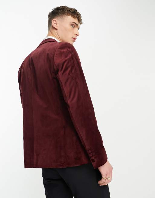 Harry Brown slim double breasted velvet blazer in berry