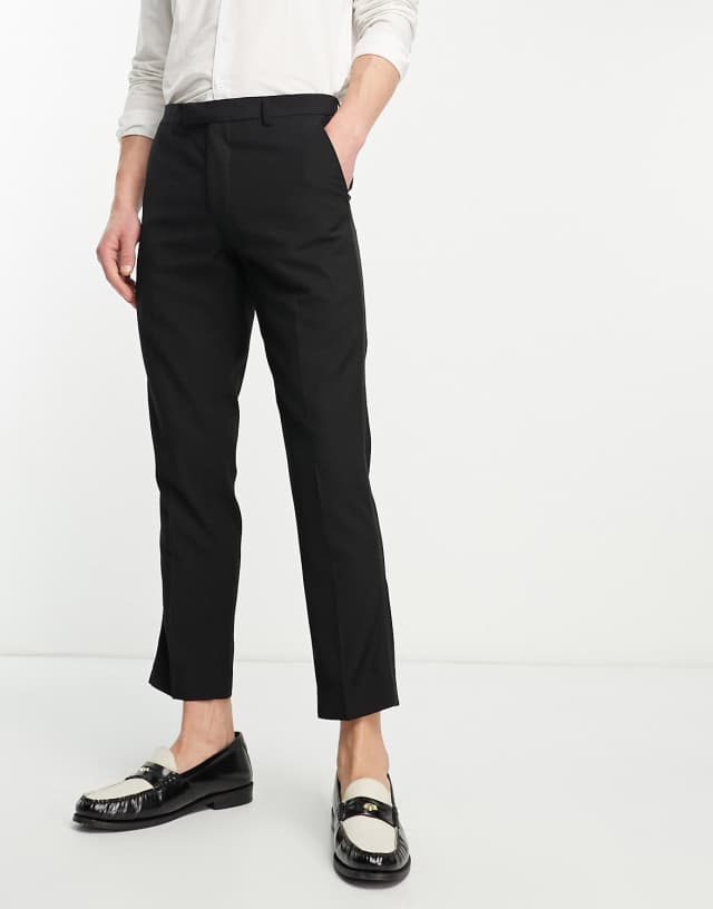 Harry Brown - slim fit cropped smart trousers with satin stripe in black