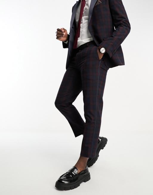 Harry Brown slim fit cropped tartan suit trousers in navy red