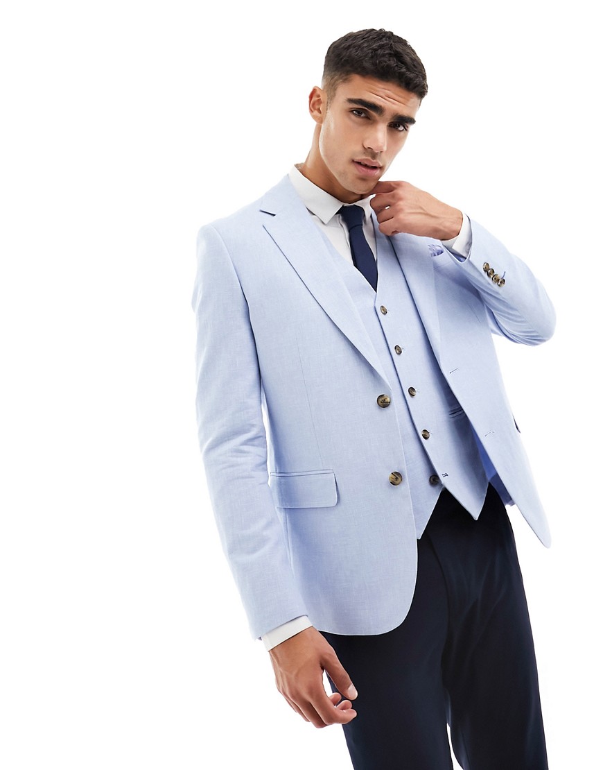 slim fit linen suit jacket in powder blue