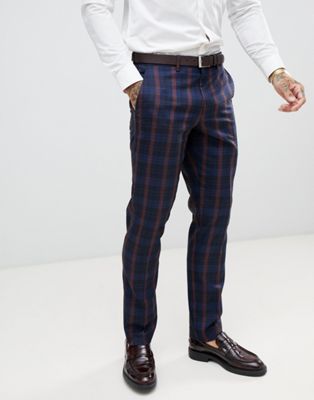 Harry Brown - Slim-fit pantalon met ruiten in marineblauw en bordeauxrood