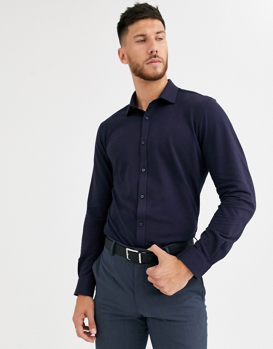 Harry Brown - Slim-fit piqué overhemd-Marineblauw