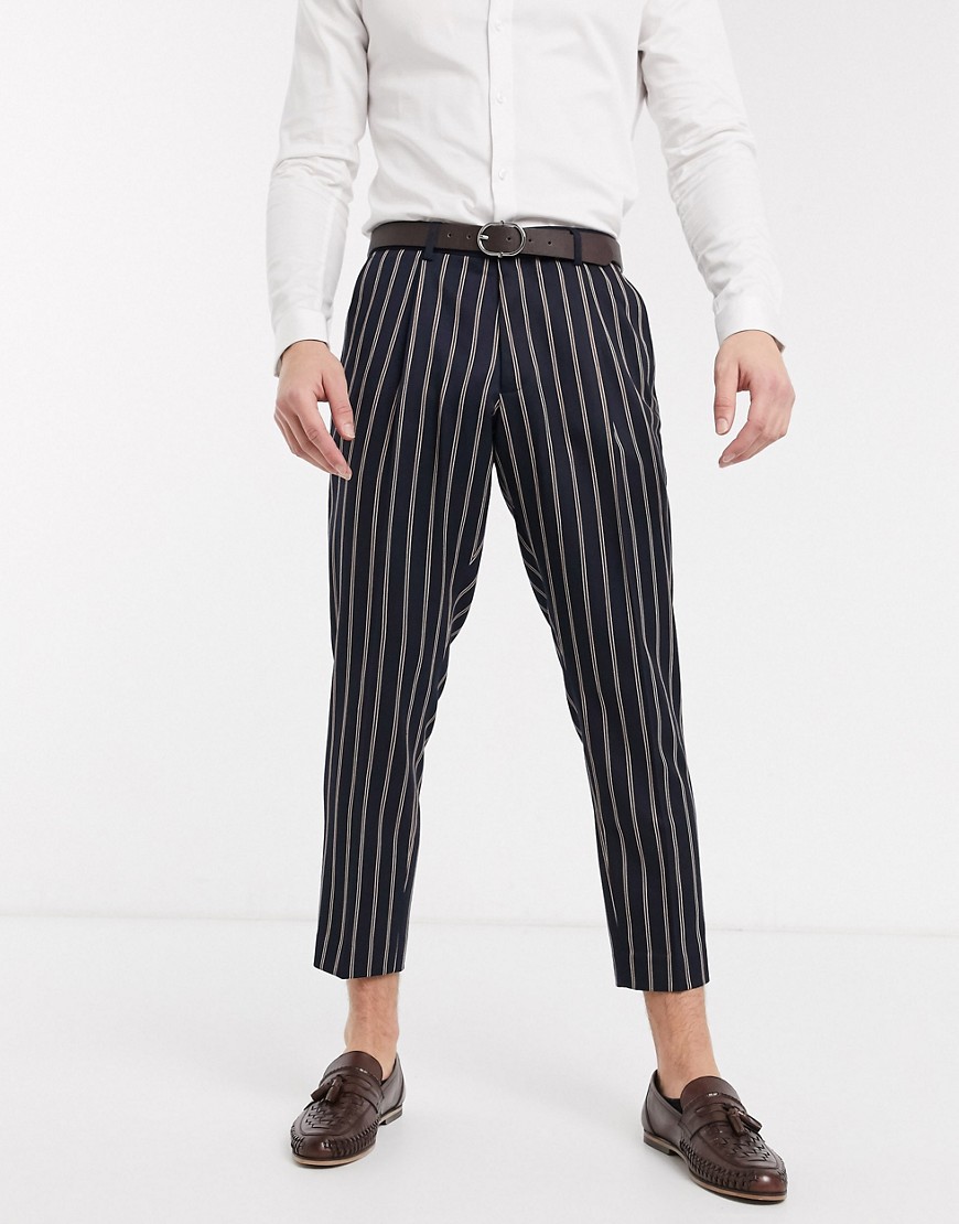 Harry Brown slim fit pleated crop stripe trouser-Navy
