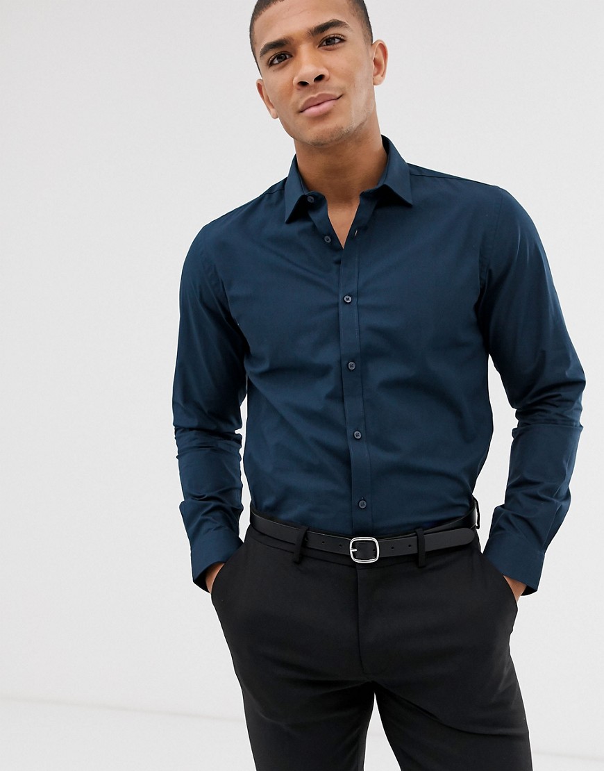 Harry Brown - Slim-fit poplin overhemd-Marineblauw