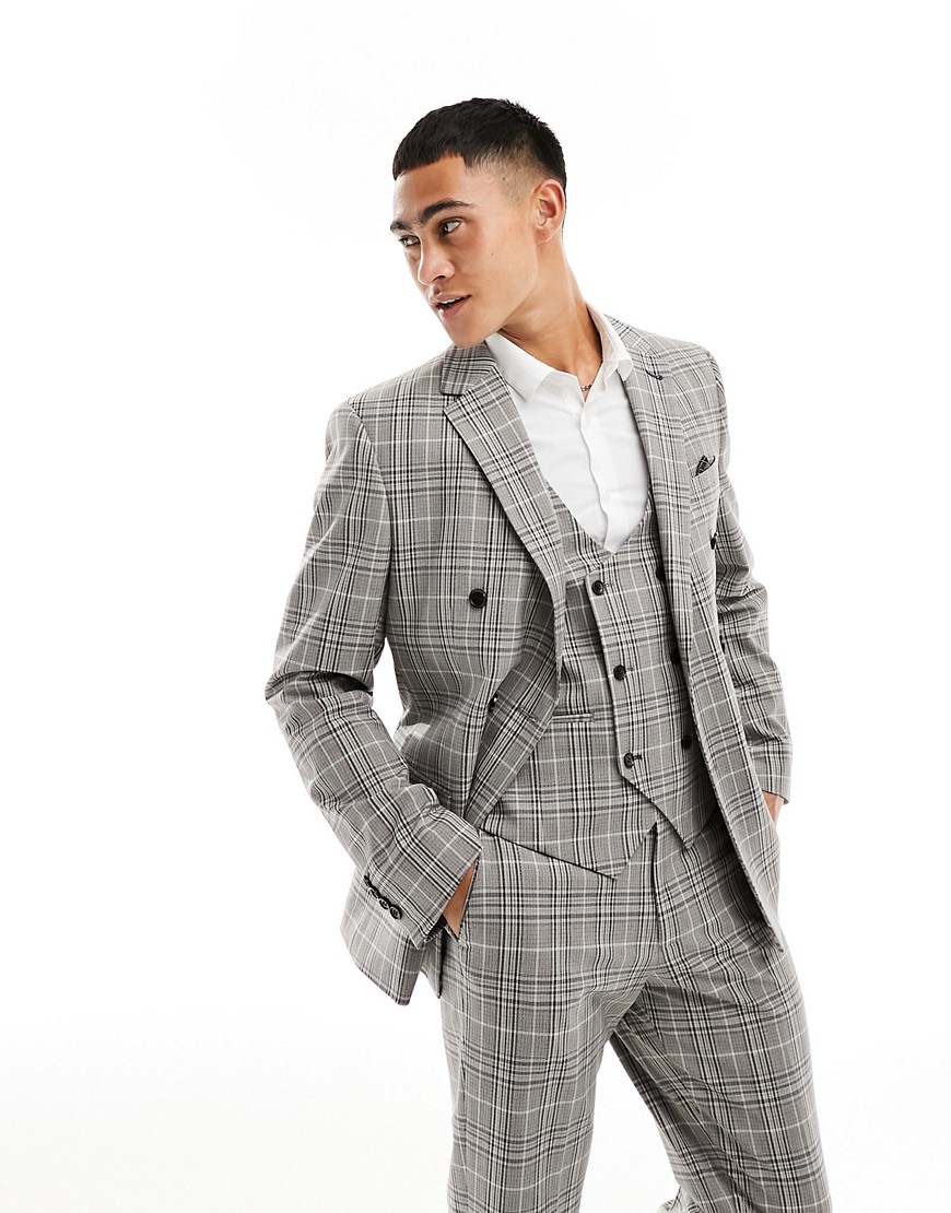 slim fit suit jacket in gray plaid