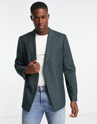 slim fit suit jacket with concealed button in gray-Green