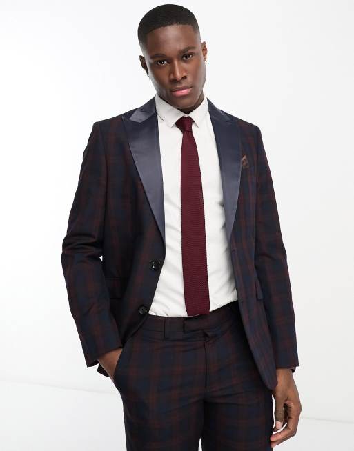 Harry Brown slim fit tartan suit jacket in navy & red