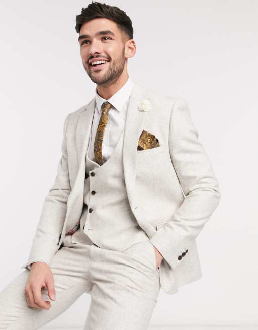 Harry Brown slim fit wedding summer tweed suit in stone ASOS