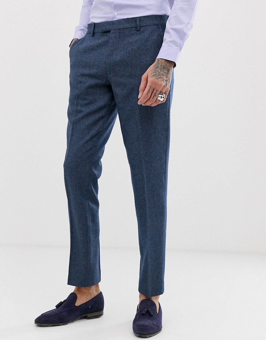 Harry Brown smal pasform tweed sommer bryllups habitbukser i uld blend-Blå